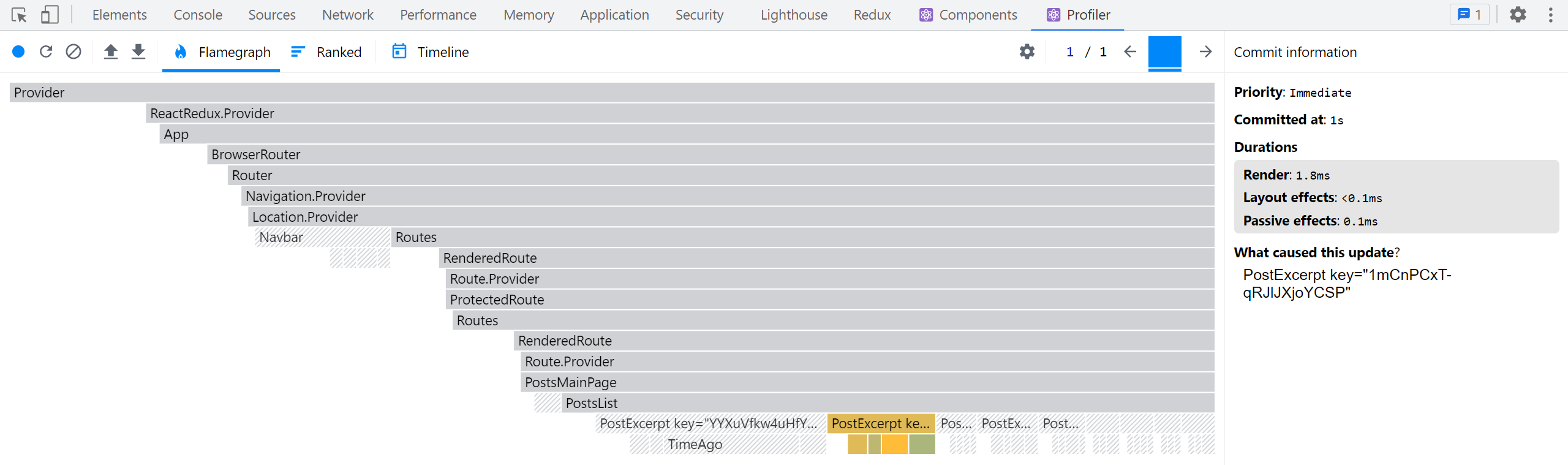 React DevTools Profiler render capture - optimized &lt;PostsList&gt;